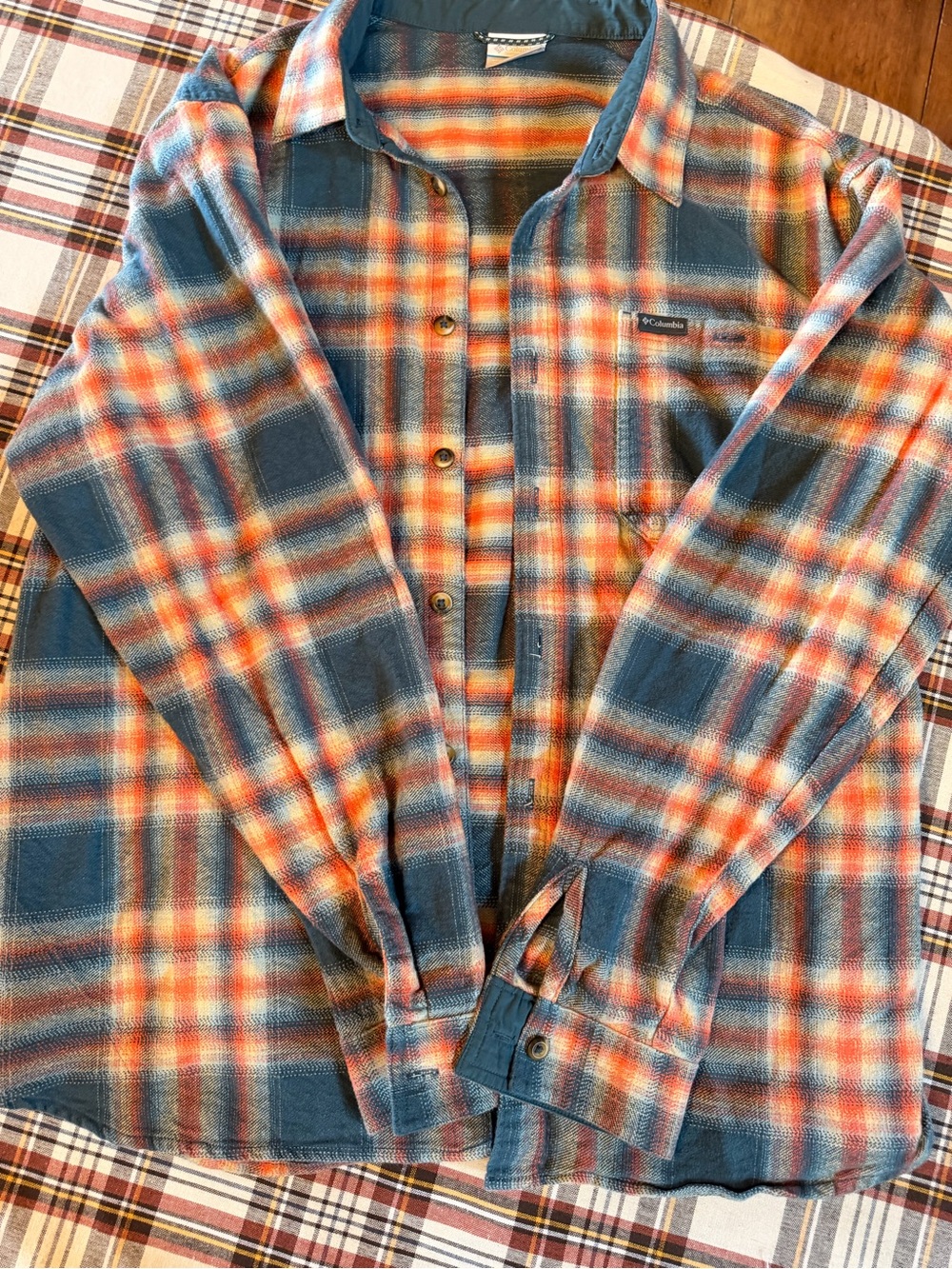 Columbia Blue and Orange Plaid Button-Down Shirt